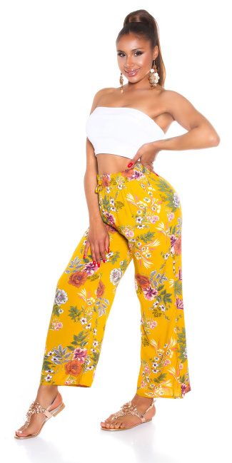 Trendy casual zomer broek met bloemen-print mosterdgeel